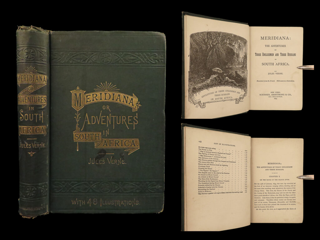 1874 jules verne 1st us ed meridiana adventures voyages exploration scribner |   “<em>meridiana: the adventures of three englishmen and three russians in south africa</em>” is a 19th century adventure novel written by iconic author, jules verne. This 1874 first american edition features 48 steel-engraved plates, adding a layer of visual detail to verne’s already vivid and exciting prose. The story follows the thrilling adventures of a group of explorers as they journey through the vast and uncharted wilderness of south africa, encountering a range of challenges and obstacles along the way. As described by myers, the book is: “…a hunting story, which aroused many a youthful sportsman’s throbbing eagerness for the chase and gave him this first knowledge and earliest enthusiasm for that heart-stirring excitement. ”   this 1874 first american popular edition with its steel-engraved plates is a valuable collector’s item for fans of jules verne and classic adventure literature.