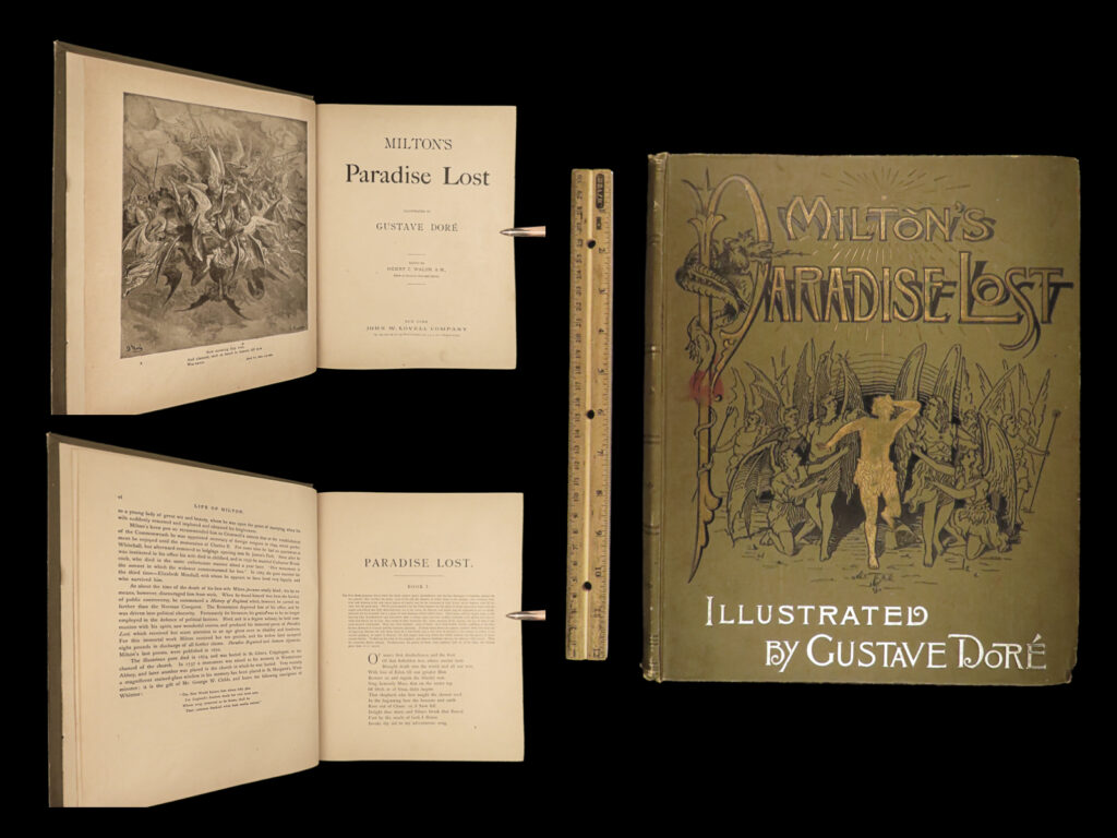 1890 milton paradise lost gustave doré bible art genesis eden adam eve folio | “<em>milton’s paradise lost,</em>” is an awe-inspiring interpretation of john milton’s epic masterpiece. This edition comes to life through doré’s 50 full-page engravings, each telling its own intricate tale of the cosmic battle between good and evil. As readers navigate through the fall of man, they will be greeted by doré’s dramatic illustrations, lending visual depth and emotion to milton’s complex verses.   this folio edition, edited by henry collins walsh, offers an immersive journey into the world of paradise lost, making it a prized edition for both literature and art enthusiasts alike.