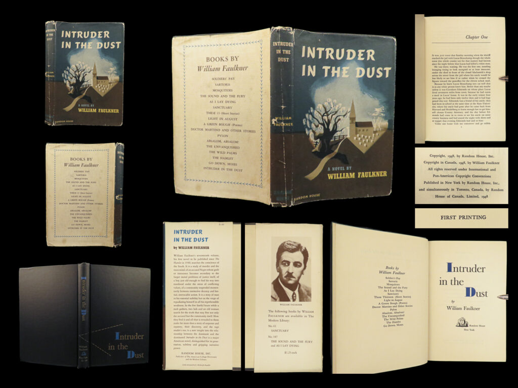 1948 william faulkner 1st/1st intruder in the dust racial justice civil rights | “<em>intruder in the dust</em>” by william faulkner, published in 1948, is a crime novel set in mississippi that explores racial tensions and the quest for justice. The story centers on lucas beauchamp, a black farmer wrongfully accused of murdering a white man, whose path to exoneration is aided by a diverse group of characters, including black and white teenagers, and a spinster from a longstanding southern family. Faulkner’s signature stream of consciousness narrative and deep reflections on the south’s historical memory of the american civil war add depth to the novel. The characters and themes highlight the complexities of racism and the possibility of redemption in the american south. Following its publication, the novel was adapted into a film, and faulkner’s contribution to american literature was recognized with a nobel prize in 1950. The novel continues to be appreciated for its critical engagement with social issues and its innovative narrative style.