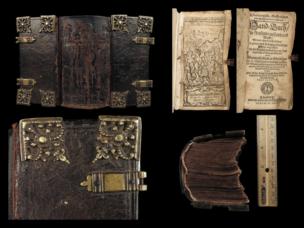 1663 luneberg german bible illustrated catechism 56 woodcut scenes fine binding | “<em>lüneburgisch-geistreiches</em>” is a rare 17<sup>th</sup>-century german devotional. Collected and edited in luneburg by antonius udalricus, this book contains biblical commentary, prayers, descriptions on the life of jesus, letters of evangelism, the catechism, and much more. And while other 17<sup>th</sup>-century german devotionals exist, few are as desirable as this example. This particular work contains more than 1000 pages and is filled with full-page engravings of bible scenes! An impressive tome with brass corners.