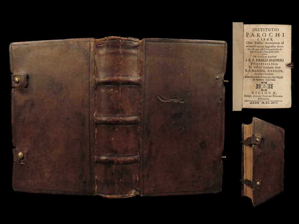 1696 jesuit asceticism segneri pastor bible clasp fine binding dillingen swabia | paolo segneri was a 17<sup>th</sup>-century italian jesuit priest known for his works in asceticism. One of his books was “<em>institutio parochi</em>” – a treatise instructing pastors how to shepherd their congregations and churches. Segneri describes god’s relationship with the church and uses scripture as a reference on how to worship god.