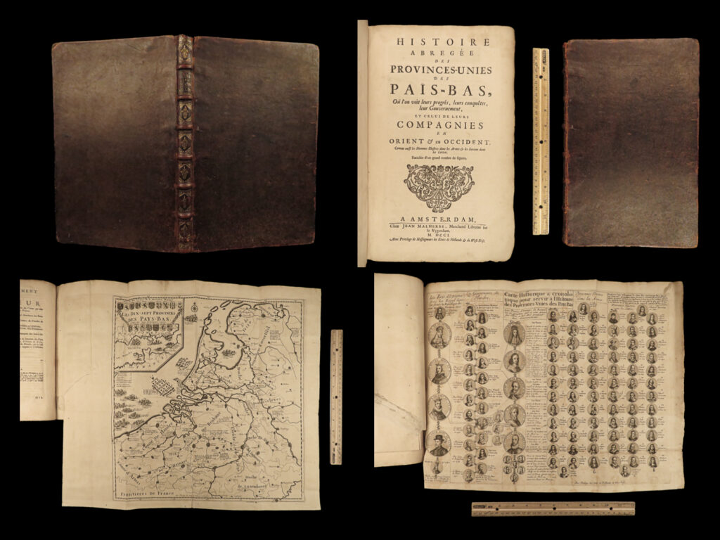 1701 netherlands 1ed history pais-bas huge maps illustrated coins ships holland | an impressive and notably valuable history of the netherlands! “<em>histoire des provinces-unies des pais-bas</em>” was published in 1701 by an unknown author and is utterly filled with hundreds of engraved figures! The coins depicted in the full-page engravings illustrate battle scenes, famous military and political leaders, cities and forts, city views, ships, and so much more! While the contents of this history can be found in other similar histories of holland, few, if any, have such exquisite engravings – not to mention the foldout maps! Each of these maps are often known to be extracted from this book and sold separately – it is a prime example of this work to find it with all of the expected engravings and maps! A true folio treasure!