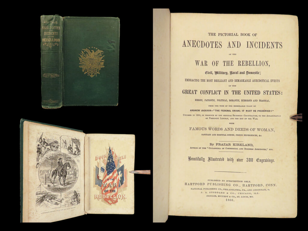 1866 civil war 1st/1st battles speeches confederate union lincoln assassination |   “<em>the pictorial book of anecdotes and incidents of the war of the rebellion</em>” by richard miller devens, under the pseudonym frazar kirkland, is a comprehensive, illustrated compilation of captivating, anecdotal incidents from the u. S. Civil war, spanning from the andrew jackson’s famous toast in 1860 to the assassination of president lincoln. The book offers a mosaic of accounts that touch on the humorous, tragic, political, romantic, and heroic facets of the war. It features stories from both military and civilian perspectives, illustrating the profound impact of the conflict on the american populace. Emphasizing the broad scope of the war, it includes stories from every major battle, renowned general, and pivotal event, with a particular focus on women’s remarkable contributions during this tumultuous period.   this 1866 first edition is greatly enhanced by a myriad of illustrations consisting of <strong>301 detailed engravings! </strong>