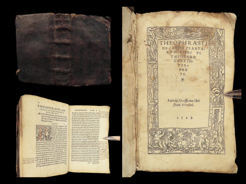 1529 greek theophrastus botany philosophy metaphysics causes of plants botanical |   <em>“time is the most valuable thing a man can spend. ” </em> ― theophrastus   theophrastus was a 4<sup>th</sup>-century bc greek philosopher known for his studies in metaphysics and logic of aristotle and plato. One of his remaining works was ‘<em>on the causes of plants’</em>, an extensive botanical treatise. In fact, this work is <strong>considered to be one of the most important works of botany from the middle ages. </strong> theophrastus describes plant growth, instruction on planting and harvesting, soils and fertilizers, farming tools, and the medicinal properties of many plants.   this 1529 edition of theophrastus’ ‘<em>plants’</em> was published in lutetia, or paris, by christian wechel.