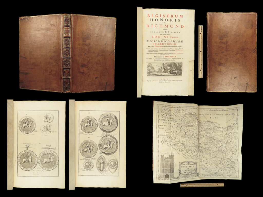 1722 honour of richmond 1ed gale medieval yorkshire map genealogy coins huge | roger gale was an early 18<sup>th</sup>-century english antiquary known for his contributions to the english society of antiquaries. He studied and collected manuscripts and coins and created registers and instructions for collectors on how to maintain and identify their findings. At the end of his career, he published what proved to be one of his most important histories, the register of the honour of richmond. This register of the honour of richmond, which is now north yorkshire in england, is gale’s transcription of a 12<sup>th</sup>-century manuscript containing family trees, lineages, descriptions of notable persons from the 12<sup>th</sup>-century.
