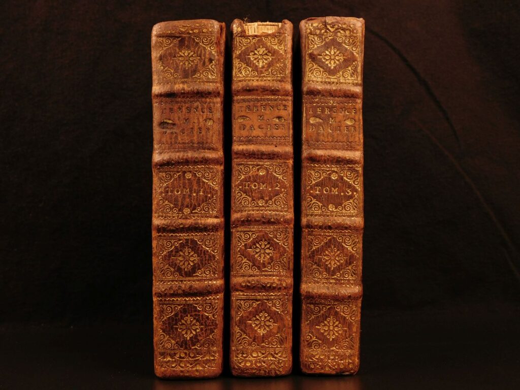 1699 life & comedies of terence greek roman plays theatre french latin dacier 3v | <em>"i am human, and i think nothing of which is human is alien to me. " </em> – terence, <em>the self-tormentor</em> <em> </em> <em>terence was a 2<sup>nd</sup>-century bc roman playwright who is most remembered for his comedies. His six plays, which all survive, were composed after he was freed from slavery. His plays were composed in simple latin and were popular during the middle ages, despite having prevalent themes of paganism throughout. </em> <em> </em> <em>published in 1699, this french and latin three-volume set was edited by anne dacier who became popular for her translations of homer. This set includes a life of terence as described by suetonius as well as the six plays. </em> <ul> <li>andria (<em>the girl from andros</em>)</li> <li>hecyra (<em>the mother-in-law</em>)</li> <li>heauton timorumenos (<em>the self-tormentor</em>)</li> <li>phormio</li> <li>eunuchus</li> <li>adelphoe (<em>the brothers</em>)</li> </ul>