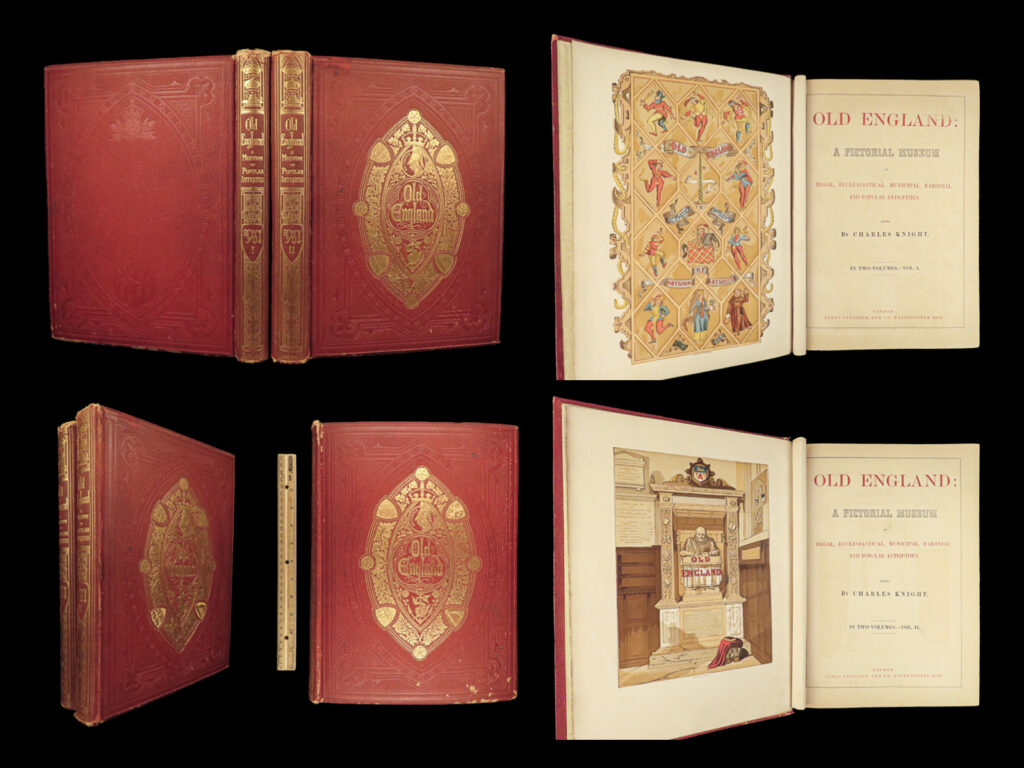 1860 beautiful old england knight britain cathedrals art stonehenge 2v folios | charles knight’s “<em>old england</em>” is an absolutely beautiful mid-19<sup>th</sup>-century history of great britain. Subtitled ‘a pictorial museum’, this work illustrates the antiquities of england from stonehenge to castles, to stain-glass windows and coronation thrones. Knight includes exquisite color engravings of iconic works of art such as the statue of isaac newton at cambridge along with numerous views of castle and cathedral interiors.
