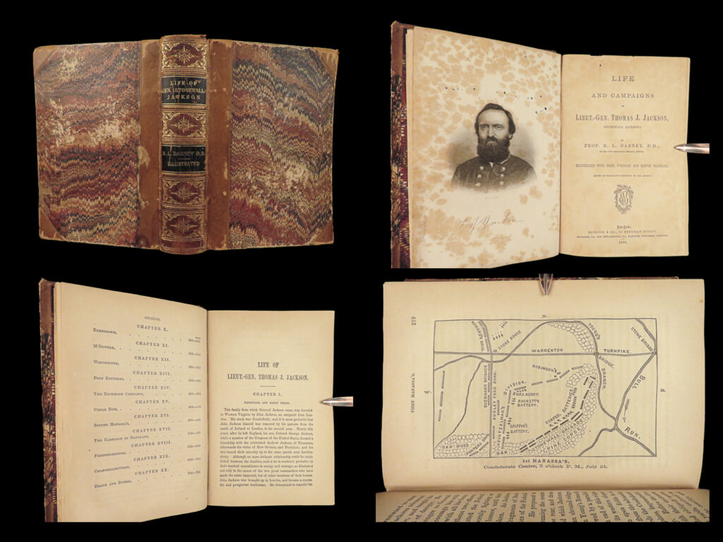 1866 stonewall jackson 1ed life & campaigns of confederate general civil war csa |   “<em>life and campaigns of lieut. -gen. Thomas j. Jackson (stonewall jackson)</em>” by robert lewis dabney is a detailed biography of the confederate general, enriched with firsthand accounts and primary documents provided by jackson’s family and the confederate government. Dabney, who served on jackson’s staff and knew him personally, highlights jackson’s christian character and his military strategies, presenting him as a heroic figure undiminished by the southern loss in the civil war. The book offers an authoritative look at jackson’s life, aiming to portray a sympathetic view of the southern cause through the lens of jackson’s experiences. It retains a polemical tone, defending the principles upheld by the confederacy, and stands as a resource for understanding this figure and the era from a southern perspective.   this first edition includes 12 diagrams of battlefields and a steel-engraved portrait of jackson.