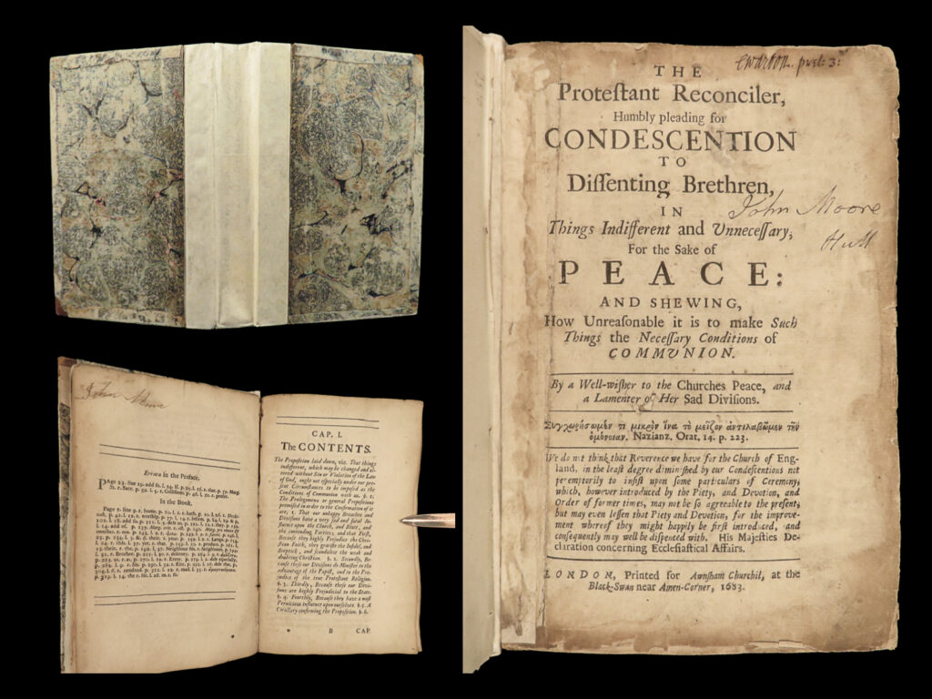 1683 oxford banned & burned daniel whitby protestant reconciler nonconformist | daniel whitby was a 17<sup>th</sup>-century theologian known for his protestant bible commentaries. It was, however, with his book ‘<em>the protestant reconciler’</em> that whitby’s popularity began to wane. Shortly after its release in 1682, this work, which was published anonymously, was whitby’s attempt to concede to the english nonconformists – a stance which quickly caused the public to turn on him. In fact, <strong>the university of oxford called for all copies of his book to be burned! </strong>   this 1683 printing was published the same year as the oxford burnings – a very rare nonconformist treatise.