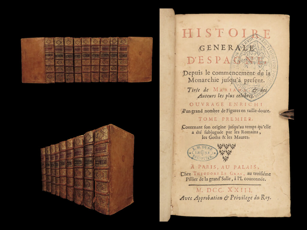 1723 history of spain espagna juan mariana charles v philip iv portraits 9v set | juan de mariana was a 16<sup>th</sup>-century spanish jesuit historian who is primarily remembered for his ‘history of spain’ – a work focusing heavily on the reigns of charles v and philip iv. While the majority of this work focuses on the reigns of eminent spanish kings, mariana describes the earliest times in spain and the growth of spain through the centuries. Interestingly, mariana features portrait engravings of spanish kings which make this book highly desirable. This nine-volume edition was published in 1723.