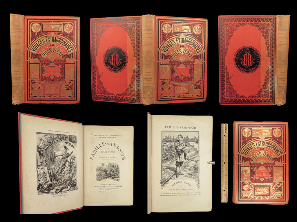 1889 jules verne 1ed family without a name canada rebellion voyage hetzel beauty | <em>“reality provides us with facts so romantic that imagination itself could add nothing to them. ” </em> <em>― </em>jules verne <em> </em> jules verne’s adventure novels are some of the most popular and famous works of literature of all time. Known mostly for his works of science fiction, ‘<em>family without a name’</em> is an adventure novel in the ‘<em>extraordinary voyages’</em> series. It follows a canadian family during the canadian rebellion in 1837 and the sons who fought in the battles. This beautiful, first edition hetzel printing features 82 engravings of tiret-bognet’s illustrations and a map.   <em>note on dating</em>: like many other verne first editions, the title page included was issued in each edition, including later printings. This particular edition of verne’s was published in 1889 – note the ads at the end advertising for the releases in the 1890 print year. This edition also features the two elephants at the top corners of the front cover, <strong>indicative of earliest verne editions. </strong>