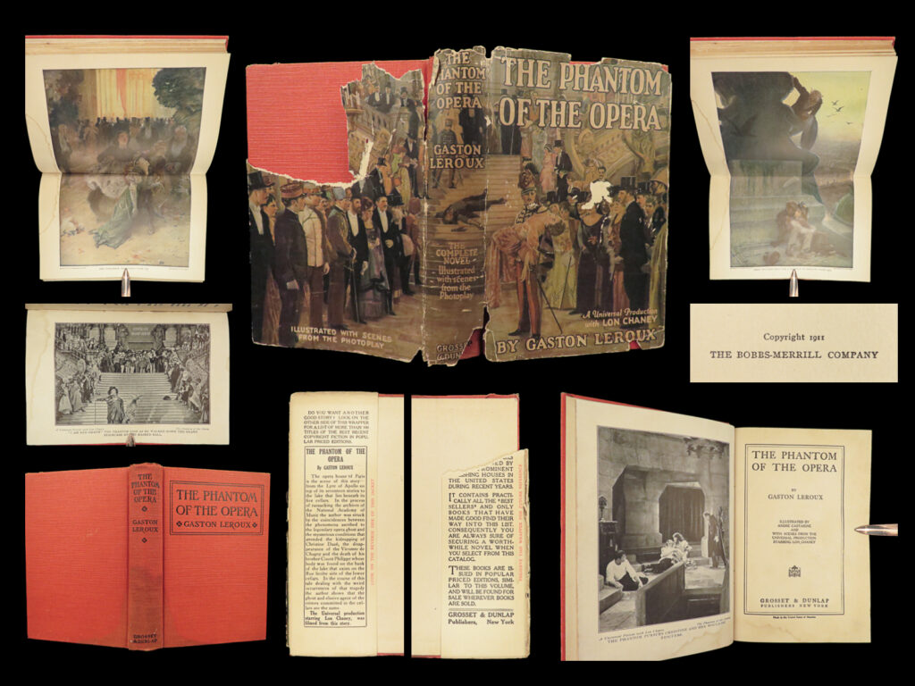 1925 phantom of the opera 1st ed gaston leroux lon chaney photoplay famed webber | audiences everywhere are acquainted with gaston leroux's <em>‘phantom of the opera</em>. ’ the story of erik, a horrifically disfigured man who lives beneath the paris opera house, where his creative genius mingles and festers with madness. First published in 1911, the phantom's obsessive and consuming love for the beautiful young chorus girl christine has captivated readers, film goers and musical theater fanatics for over 100 years. The phantom of the opera has become the source for numerous adaptations, including the 1925 film starring lon chaney and andrew lloyd webber's tony award-winning musical.   this early 19<sup>th</sup> century “<em>phantom of the opera</em>” includes an <strong>original dustjacket</strong>, illustrations by andré castaigne and scenes from universal’s silent film starring lon chaney with six full-page illustrations, two of which are double-page and in color.