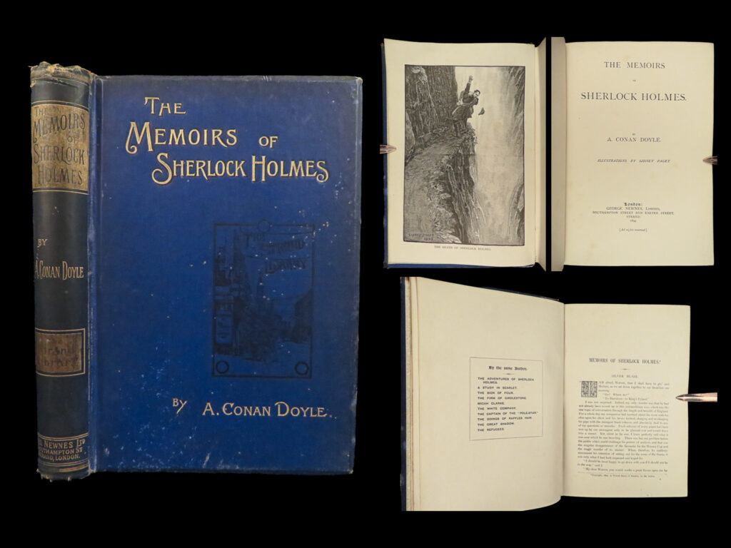 1894 sherlock holmes 1st/1st memoirs by arthur conan doyle detective mystery |   “<em>the memoirs of sherlock holmes</em>” is a captivating anthology of short stories by arthur conan doyle, showcasing the brilliant deductions of the iconic fictional detective, sherlock holmes. Renowned for his unparalleled skills in observation, deduction, and forensic science, holmes assists various clients, including the famed scotland yard.   this collection follows the inaugural series, “<em>the adventures of sherlock holmes</em>,” and features a dozen tales originally serialized in the strand magazine between 1892 and 1893. Some of the memorable stories in this collection include “the adventure of silver blaze,” “the adventure of the musgrave ritual,” and the pivotal “the final problem,” in which doyle intended to conclude holmes’s journey. However, due to overwhelming reader demand, holmes’s narrative was revived in later works, revealing his survival.