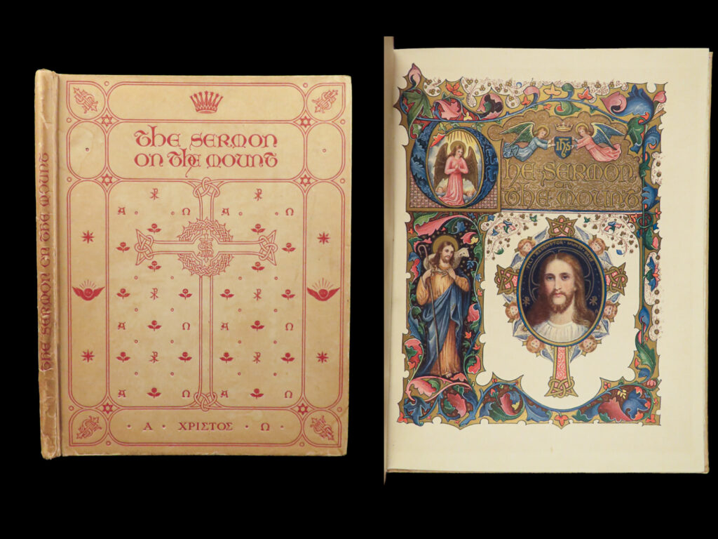 1911 illuminated 1ed jesus sermon on the mount bible sangorski gospel of matthew | “<em>the sermon on the mount</em>,” is a beautifully illustrated presentation of the famous biblical passage by alberto sangorski. This work features ornate borders richly adorned with floral and geometric patterns, as well as iconography. Central to the designs are medallion portraits that include jesus christ, st. John, st. Paul, st. Matthew and more, each encircled by decorative elements. The text within is from the gospel of matthew, chapters 5 through 7, encompassing the beatitudes and other famous teachings of jesus. Sangorski’s artwork brings a vivid and intricate aesthetic to the foundational christian text, which lays out moral precepts such as the importance of meekness, mercy, and purity of heart, as well as practical directives on love, generosity, and faith. The book itself suggests a historical reverence for the sacred text, presenting it not just as scripture but also as a magnificent piece of art.