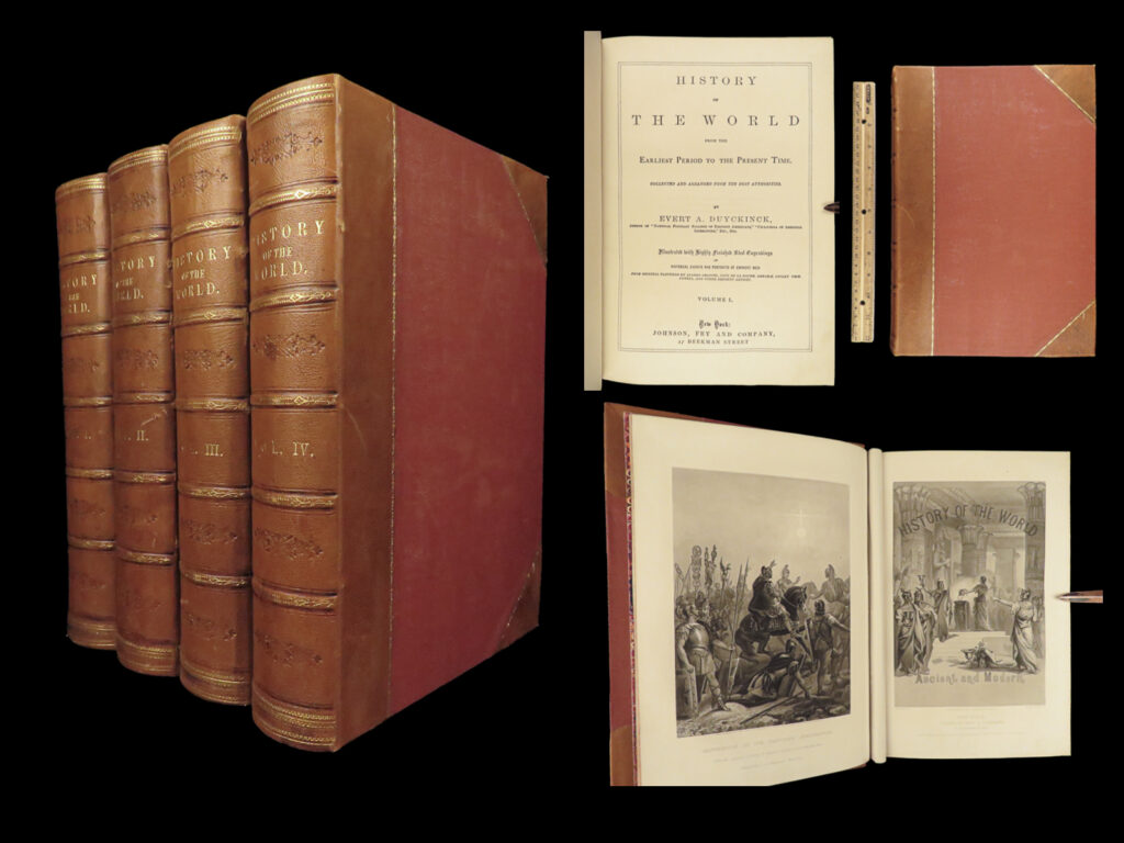 1871 beautiful world history illustrated rome greece persia caesar bible turkey | evert duyckinck’s “<em>history of the world</em>” is an absolutely fascinating 19<sup>th</sup>-century history! As expected, a book like this would contain countless topics; however, duyckinck focuses on the histories of countries – big and small – beginning with foundational topics found in the old testament. It contains descriptions of persia and arab lands, the holy land, greece and macedonia, turkey, rome and the roman empire, and much more!   this impressive four-volume set was published in new york by johnson and fry with fine engravings!