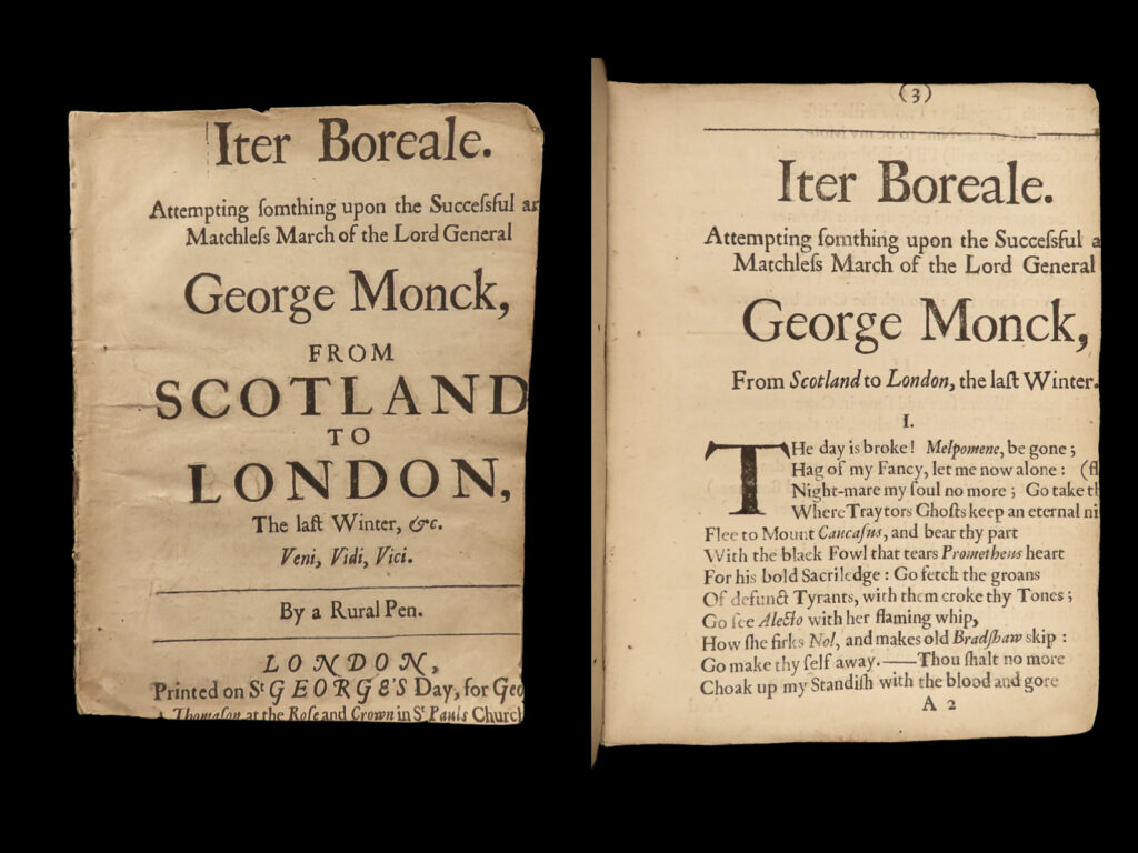 1660 puritan 1ed iter boreale by robert wild england restoration george monck | robert wild was a 17<sup>th</sup>-century english puritan poet best remembered for his poem ‘<em>iter boreale’</em>. This poem, along with many of his others, were quite popular during his time, much in part to the more scandalous nature of his works which did not align with his puritan values.   this particular 1660 first edition of wild’s “<em>iter boreale</em>” is notable for being dedicated to george monck. Monck was the first duke of albermarle who was a pivotal figure in the restoration of charles ii as the king of england. Publisher george thomason published this edition immediately following the restoration of the king, honoring monck in the process.