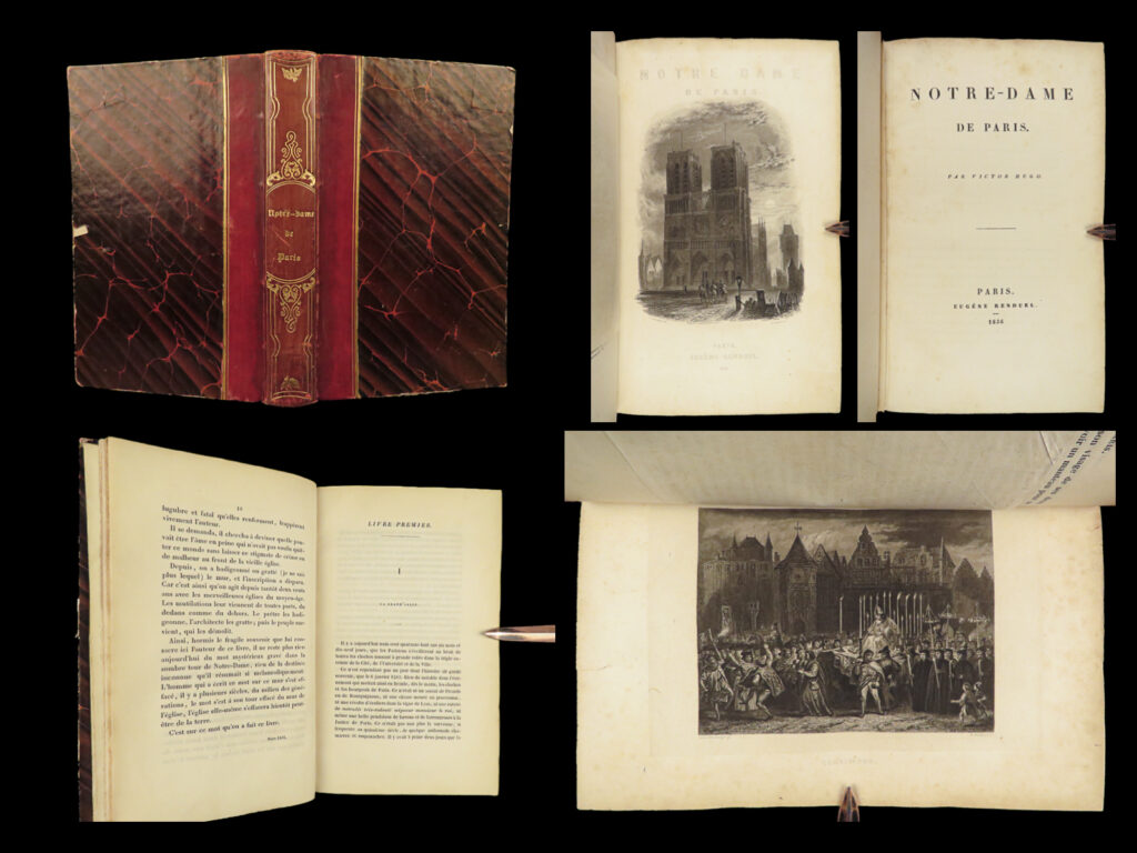 1836 hunchback of notre dame 1st illustrated ed paris victor hugo french rare | <em>“nothing makes a man so adventurous as an empty pocket. ” </em> ― victor hugo,<em> the hunchback of notre dame</em>   the best-known and oft-considered greatest french writer is unarguably victor hugo. His romance novels and stories have withstood the test of language and time. One of hugo’s most popular stories is ‘<em>the hunchback of notre dame’</em>; a tale of a gypsy who catches the hearts of men including a hunchback named quasimodo. This work has been transformed into dozens of stage, film, and television adaptations.   this rare 1836 first illustrated edition was part of a very small print run. According to clouzot, this renduel single-volume edition was <strong>limited to only 2000 copies</strong> and includes 12 engraved plates.
