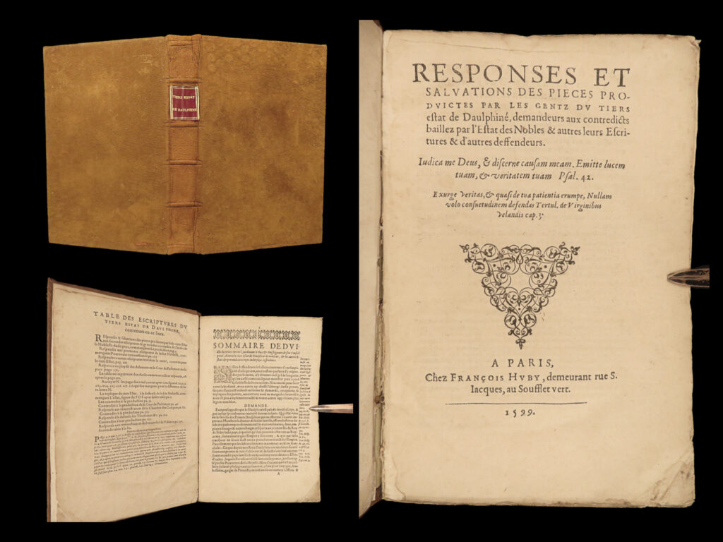 1599 france law 1ed noble estates of dauphine rare wars of religion delagrange | a rare 16<sup>th</sup>-century collection of legal reports and summaries from nobles and lawyers of the third estate of dauphine, france. It includes reports of officers of parliament and royals courts, noble finances, property law, and much more. Each of the documents, reports, and summaries were collected and signed by a ‘cl. Delagrange’.