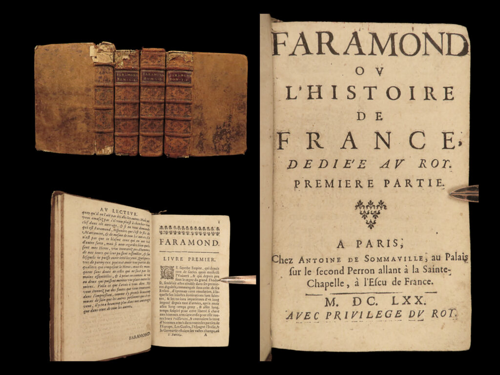 1664 pharamond king of franks faramond by gautier calprenede french novel 4v | guatier de la calprenede was a 17<sup>th</sup>-century french novelist. Calprenede, with his plays and novels, found favor with queen anne of austria and her husband, king louis xiii of france in 1650. Following the successes of his novel ‘<em>cleopatre’</em>, calprenede wrote another historical novel on the life and reign of the legendary first king of the franks pharamond. ‘<em>faramond’</em> became one of his most important and oft-read novels.  