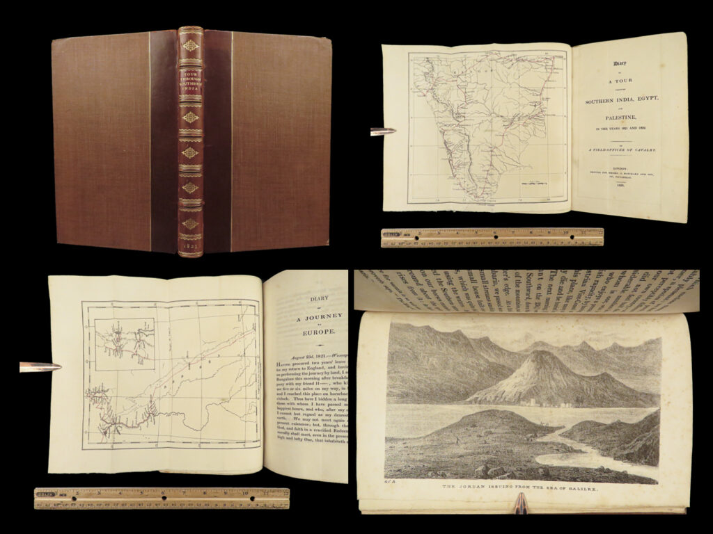 1823 diary of tour in egypt south india palestine maps voyages digby mackworth | digby mackworth’s “<em>diary of a tour</em>” was the english military officer’s travelogue of his voyages in india, egypt, and palestine. This journal offers a first hand, yet accurate account of egypt, southern india and the middle east as it was during the early part of the 19<sup>th</sup>-century. Mackworth includes impressive illustrations of the things he encountered – bridges, desert homes, and landscapes. Though, without question, the most desirable aspect of this work is the highly coveted folding maps of southern india and egypt near the red sea.