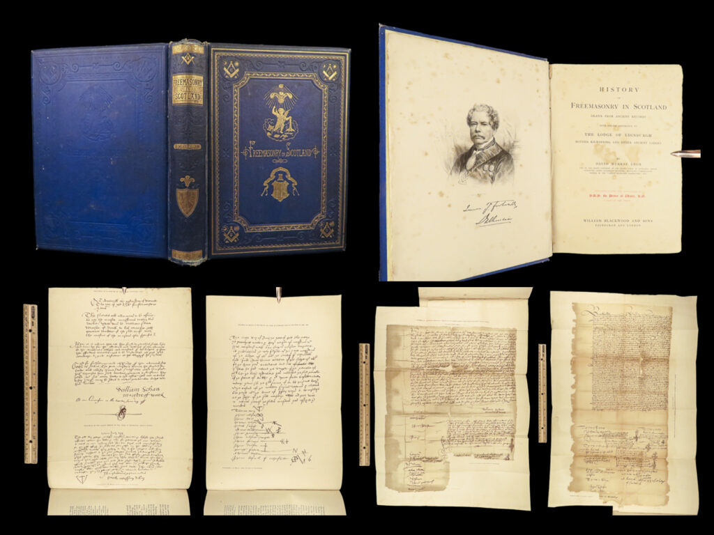 1873 masonic 1ed freemasonry in scotland niddry’s wynd edinburgh portraits | david murray lyon’s “<em>history of freemasonry in scotland</em>” is a rare 19<sup>th</sup>-century record of the rise, growth, and spread of freemasonry throughout great britain and scotland. This book was written more of a collection of biographical sketches of important figures in scottish freemasonry including dozens of portrait engravings of eminent freemason grand masters as well as illustrated facsimiles of lodge minutes, seals, and even a view of mary’s chapel in niddry’s wynd.