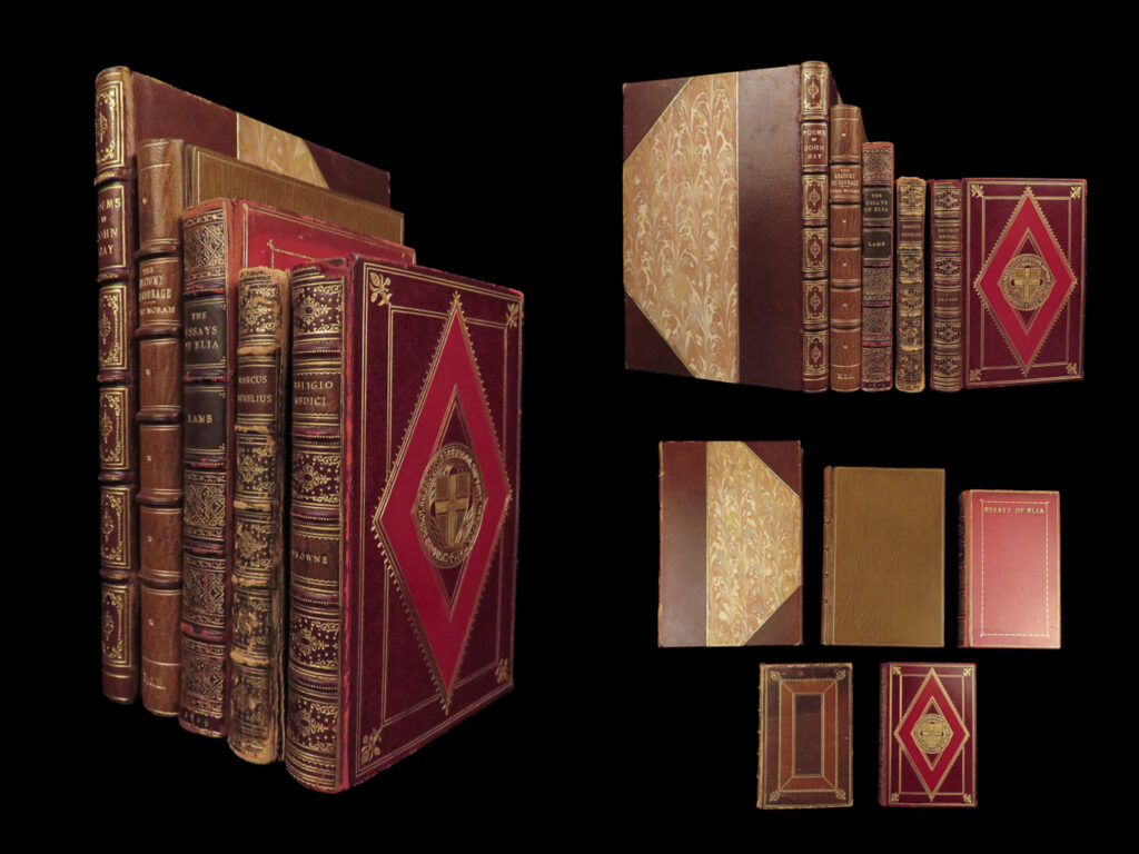 1926 exquisite leather 5v set marcus aurelius fine binding browne religio meditations | a fine set of leather bound, 20<sup>th</sup>-century books featuring beautiful tomes of the works of charles lamb, john hay, and lord moran. Though, the draw of this set is the exquisite leather bindings, the inclusion of thomas browne’s “<em>religio medici</em>” and a translation of marcus aurelius’s meditations make this set truly desirable.