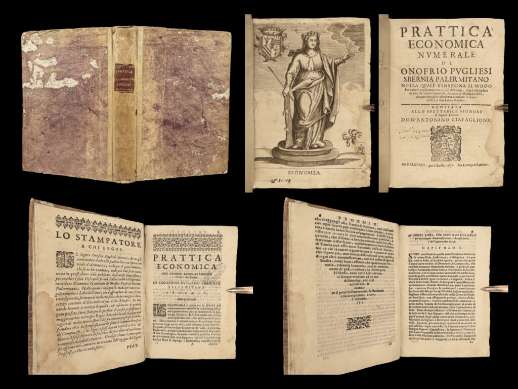 1671 economics 1ed puglisi accounting economica mathematics italian palermo rare | onofrio puglisi was a 17<sup>th</sup>-century italian mathematician known for two separate arithmetic treatises. The second, entitled “<em>practice of numeral economics</em>”, proved to be one of the best 17<sup>th</sup>-century italian works on accounting. It was also one of the earliest books of its kind. Prior to 1671, no italian authors had published works solely on accounting (fanfani, p. 426). <strong><u>a landmark work in the history of italian accounting</u></strong>!
