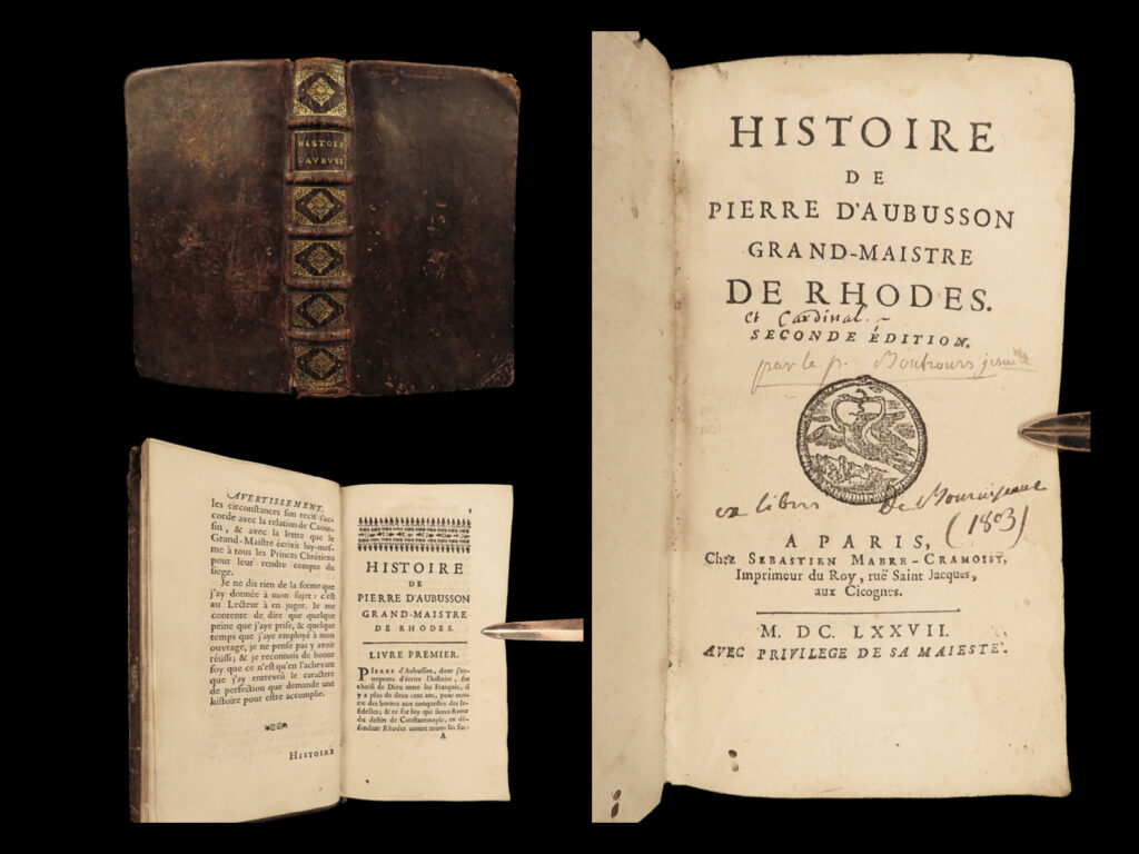 1677 crusades aubusson siege rhodes greece ottoman turks knights hospitaller | dominique bouhours was a 17<sup>th</sup>-century jesuit historian and author known for his treatises on the french language, secrets, and curious humor. He also published a historical account of the life of pierre d’aubusson, a 15<sup>th</sup>-century hospitaller zealot who radically opposed the ottomans. Bouhours account is largely considered imaginative since little is known of d’aubusson’s early years; still, though, this work is a fascinating and important look into knight hospitaller crusades against the ottoman turks in the 1400s. The most important aspect of this book is the overview of the siege of rhodes at the gulf of trianda, whose defense was led by d’aubusson.