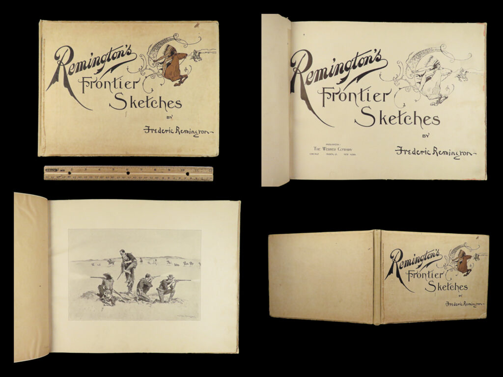 1898 frederick remington 1ed art cowboys indians frontier sketches american west | frederick remington was one of the most famous artists of american western scenery who depicted some of the most iconic scenes of ‘cowboys and indians’. Books like his ‘<em>done in the open’ </em>and<em> ‘frontier sketches</em>’ contains stunning works of art illustrating hunting scenes, cowboy and indian battle scenes and views of early american west.   this highly desirable first edition of remington’s “<em>frontier sketches</em>” contains 15 full-page engravings with titled tissue guards. <strong>it’s worth noting how rare this first edition is. According to ‘publisher’s weekly’ in 1898:</strong> <strong>“injunction against "remington's frontier sketches. " judge lacombe, of the united states circuit court, for the southern district of new york, issued a temporary injunction on the 16th inst. Against the american news company in an injunction brought by gen. Nelson a. Miles and frederic remington, to restrain the news company from selling a book entitled "remington's frontier sketches. ”</strong>