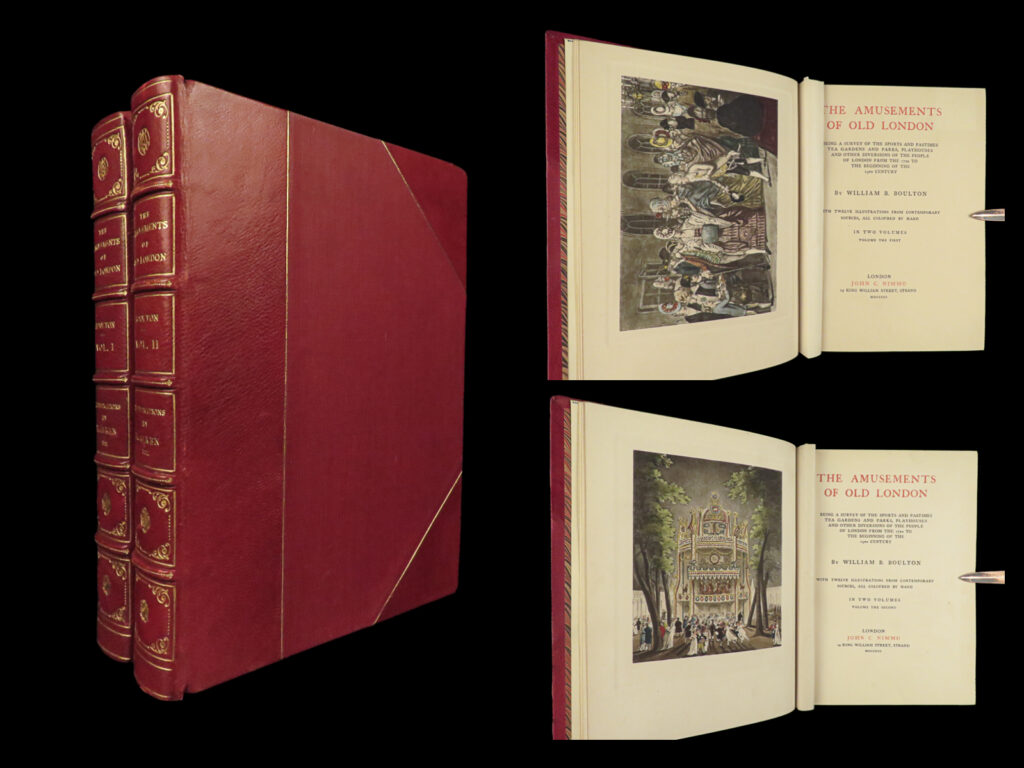 1901 london sports 1ed boulton amusements cock fighting gambling provenance | william boulton’s “<em>amusements of old london</em>” is a rare, early 20<sup>th</sup>-century survey of the bizarrities of london with a heavy emphasis on illegal blood sports. Boulton describes deadly bear fights, bull baiting events, cock pit arenas, gambling rings, and much more. Note the full-page color engravings depicting these curious sports.