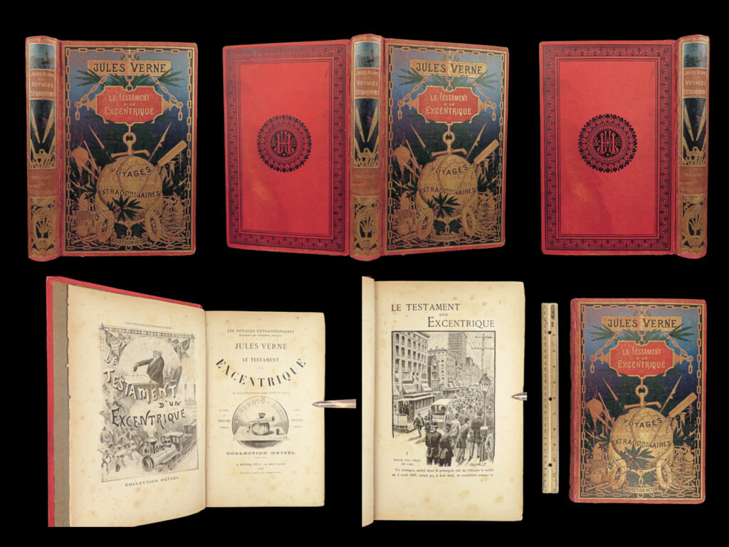 1899 jules verne 1ed will of an eccentric extraordinary voyages french hetzel |   <em>“reality provides us with facts so romantic that imagination itself could add nothing to them. ”</em> <em>― </em>jules verne <em> </em> jules verne’s adventure novels are some of the most popular and famous works of literature of all time. Known mostly for his works of science fiction, ‘<em>voyages extraordinaires’</em> was verne’s largest collection of fantasy novels and stories. One of the lesser-known works from this set was “<em>the will of an eccentric</em>” – a mystery tale of an american millionaire leaving his fortune to the winner of the ‘noble games’.   <em>note on dating</em>: like many other verne first editions, the title page included was issued in each edition, including later printings. This particular 1899 first edition, part of the ‘hetzel collection’, features an illustrated front cover – a highly desirable edition! The ads note “1899” on page 5 of ads, printed the same year as verne finished writing it.  