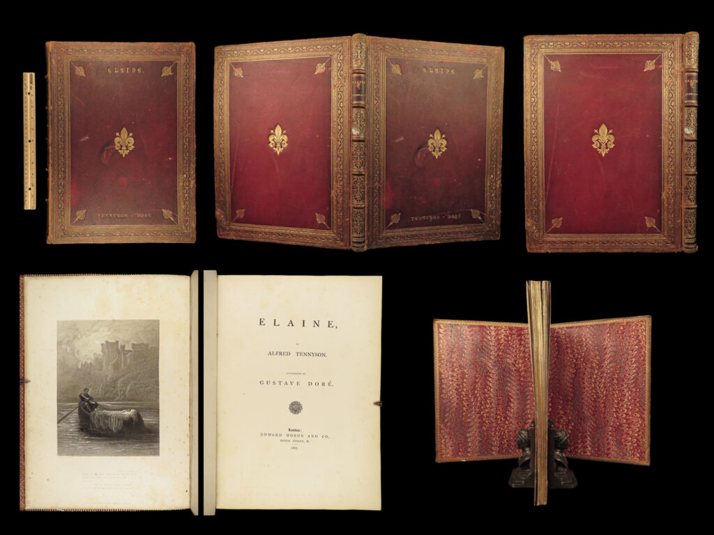 1867 beautiful 1ed tennyson elaine king arthur lancelot guinevere idylls dore | elaine was one of the preeminent characters in arthurian legend, alongside figures such as sir lancelot, guinevere, merlin, and king arthur himself. She most prominently appears in thomas malory’s “<em>death of arthur</em>”, but also appears in alfred tennyson’s “<em>idylls of the king</em>”. Tennyson’s poem of ‘<em>elaine’</em> is best illustrated by gustave dore in this 19<sup>th</sup>-century moxon edition.