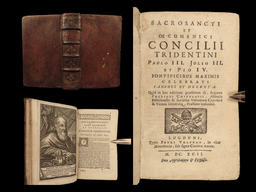 1696 council of trent catholic chifflet papacy popes forbidden book inquisition | in the century following the council of trent, numerous important treatises on the famed ecumenical council were regularly published and reprinted. These works, especially that by philippe chifflet, were written to bring clarity and understanding to europe’s attempts at protestant reforms, and many of these books were placed on the prohibited books index by the catholic church.   this 1696 edition of chifflet’s “<em>council of trent</em>” was published in lyon.