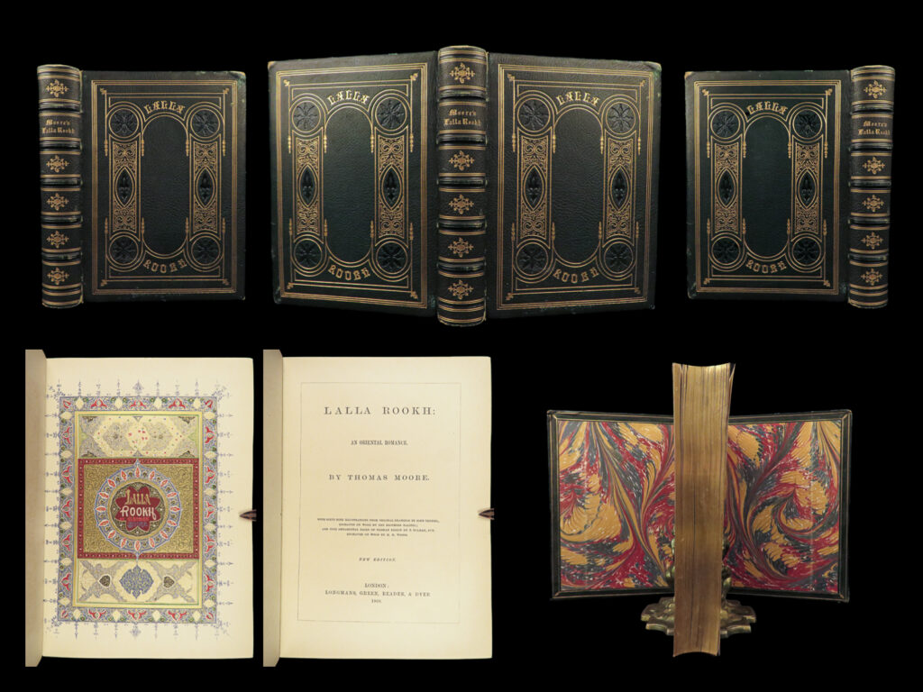 1868 beautiful lalla rookh mughal india thomas moore poetry persian romance | ‘<em>lalla rookh’</em> is a famous story by irish author thomas moore. The story follows a heroine named lalla rookh and her life as the daughter of a mughal emperor. This work has long been considered one of the best english works depicting persian culture, tradition, and romance.   this particular issue of ‘<em>lalla rookh’</em> features the artwork of t. Sulman and is <strong><u>beautifully bound in decorative, green moroccan leather</u></strong>.