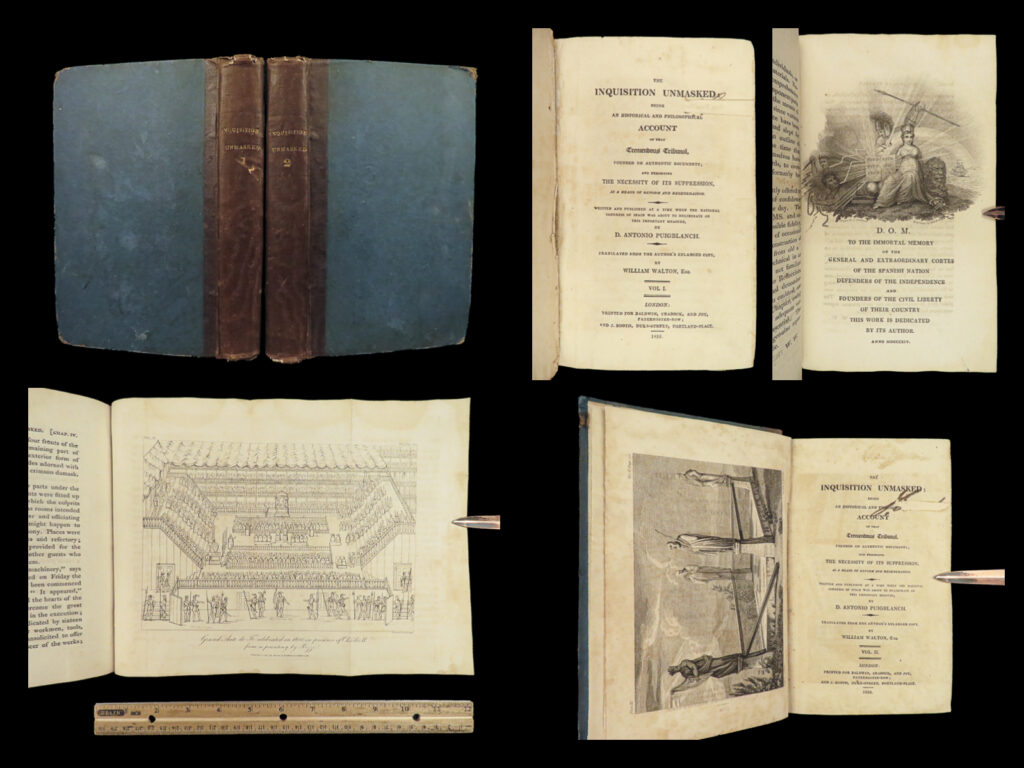 1816 spanish inquisitions 1ed antonio puig unmasked rack torture illustrated 2v | antonio puigblanch, or puig, was an 18<sup>th</sup>-century spanish historian who is primarily remembered for his book on the spanish inquisition, ‘<em>the inquisition unmasked’</em>. Puigblanch, in the original preface, describes the defects of the constitution, the corruption, and degenerate practices found within the years of the inquisition. This work also contains descriptions of the torture schemes used including the torture pulley (<em>strappado</em>), the rack, and live burnings!