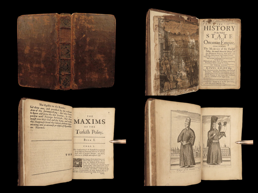 1682 english rycaut ottoman empire illustrated sultans dwarfs turks turkey islam |   paul rycaut was a 17<sup>th</sup>-century british historian most-known for being the leading authority on the ottoman empire. He published ‘<em>the present state of the ottoman empire’</em> which become the most important work on the ottoman empire. It provided accounts on turkish politics and society, and according to blackmer, this work is “an extremely important and influential work, which <strong><u>provides the fullest account of ottoman affairs</u></strong> during the 17<sup>th</sup>-century. ” cox notes of this work: “this work is regarded as one of <u>the best of its kind</u> with respect to the religious and military state of turkey. ”   this <strong>incredible 1682 english edition is filled with 28 engravings</strong> of sultans, ottoman clothing and costumes, military officers, descriptions of turkish customs, military and naval excursions, bizarre and odd medical conditions such as turkish dwarfs, and much, much more.