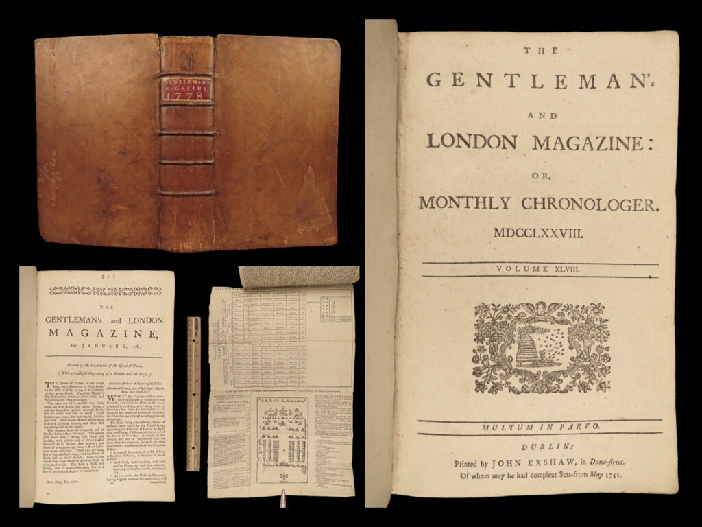 1778 american revolution war george washington & general howe jp jones charles i | <u>a fine 18<sup>th</sup>-century printing of the gentleman’s magazine! </u>   the <em>gentleman’s magazine</em> was an english periodical which first appeared in 1731. It was published without interrupt for nearly 200 years and was the first of its kind to use the term ‘magazine’. It was published by edward cave, pseud. Sylvanus urban.   this 1778 edition includes a variety of important and interesting contents including: <ul> <li><strong><u>reports of the american revolution and early america</u></strong> <ul> <li>letters and correspondence of george washington <ul> <li>preposition to general howe for an exchange of prisoners</li> </ul> </li> <li>john paul jones naval attack on the <em>hms drake</em></li> <li>ill treatment of american prisoners of war</li> <li>accounts of the mischianza for general howe</li> </ul> </li> <li>on the character of charles i – “an honest, dull, german gentleman, as unfit as unwilling to act the part of a king”. </li> <li>accounts of herculaneum</li> </ul>  