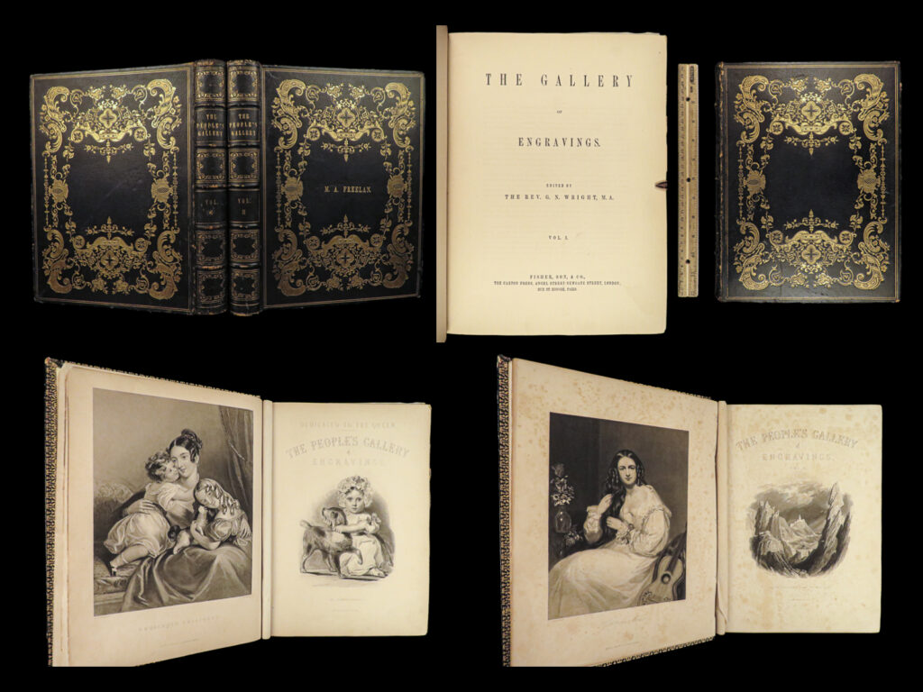 1844 beautiful gallery of 129 engravings art poems ireland venice lowther castle | a rare 19<sup>th</sup>-century collection of art and poetry published in “<em>the gallery of engravings”. </em>this book <strong>contains 129 impressive, full-page steel engravings depicting famous locations and architecture. </strong> notable views found in this book include: <ul> <li>the great mosque in cordova</li> <li>bombay harbour, fishing boats</li> <li>montmorency waterfall, quebec</li> <li>horse shoe fall, niagara</li> <li>grand canal, venice</li> <li>belvoir castle, leicestershire</li> <li>lowther castle, westmoreland</li> <li>carrick-a-rede, ireland</li> </ul>  