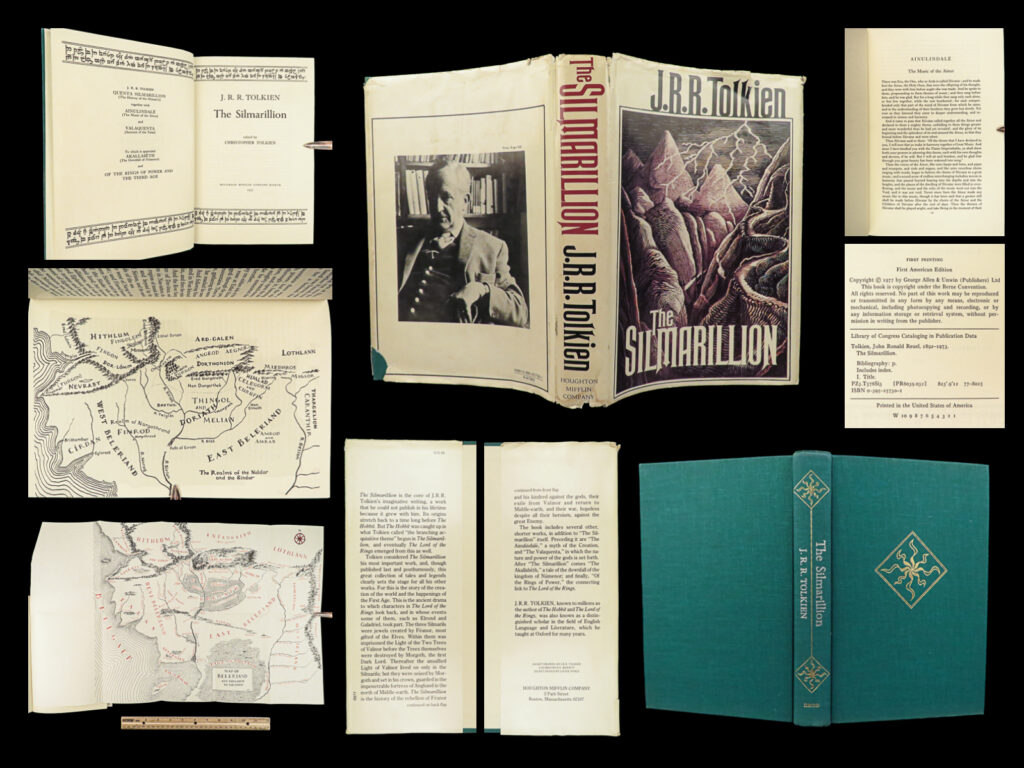 1977 jrr tolkien 1st ed 1st silmarillion lord of the rings middle earth + map |   “<em>the silmarillion</em>,” written by j. R. R. Tolkien, is a collection of interconnected mythological and historical stories set in the fictional world of middle-earth. The book serves as a prequel to tolkien’s beloved works “<em>the hobbit</em>” and “<em>the lord of the rings</em>. ” it outlines the creation of middle-earth, its gods, and the early history of its peoples, including elves, dwarves, and men.   “<em>the silmarillion</em>” primarily focuses on the story of the silmarils, three powerful gems created by the elf fëanor, which become the center of a long and bitter struggle between the forces of good and evil. The book contains several other tales, such as the tragic love story of beren and lúthien and the fall of the great elven city of gondolin. Through these stories, tolkien explores themes of heroism, fate, and the struggle against darkness.   although dense and complex in its world-building, the book is a rich and rewarding read for fans of tolkien’s universe, providing a deeper understanding of the history and context that shaped the events in his later works. Lastly, it features a large folding map of middle-earth, an incredible inclusion by tolkien himself.