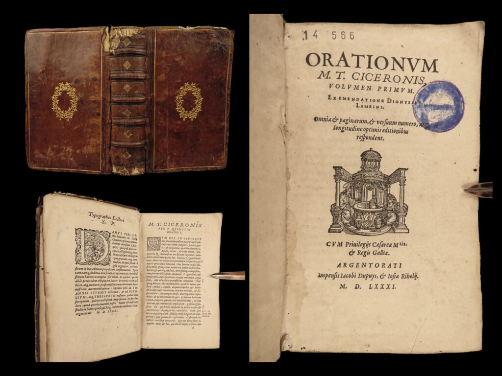 1581 orations of cicero rome political philosophy latin brutus dialogues lambin | <em>“a room without books is like a body without a soul. ” </em> ― marcus tullius cicero   cicero was one of the most important ancient roman philosophers, known for his orations and political views, many of which shaped the development of thought in the western world. His writings and speeches have had a lasting influence that is far greater than nearly any other individual, most notably his orations.   this 16<sup>th</sup>-century edition of cicero’s ‘<em>orations’</em> features the famous denis lambin edition. In 1566, french scholar lambin published his edition of the works of cicero, an edition that is still considered useful. Taken from the complete works, this volume includes some of the following famous works and speeches: <ul> <li>the orations</li> <li>brutus</li> <li>in verrum</li> <li>pro caecina</li> <li>ad herennium</li> <li>de inventione</li> </ul>  