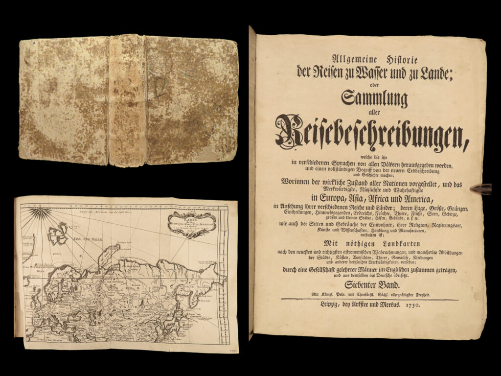 1750 marco polo ghengis khan william of rubruck china kangxi mongols asia maps | “<em>allgemeine historie der reisen zu wasser</em> <em>und lande</em>” was a popular, recurring german periodical on the history of world voyages. Collected and edited by johann schwabe, this book contains reports on countless voyages from the most famous to the least consequential. This particular volume, published in 1750, contains details on important asian and middle eastern history and voyages such as: <ul> <li>ferdinand verbiest on the chinese emperor kangxi voyages into east tartary</li> <li>abu al ghazi bahadur khan of khiva on the history of tartars and mongols</li> <li>the government from <strong>ghengis khan</strong> through abu al ghazi bahadur khan</li> <li>voyages of <strong>william of rubruck</strong> in the middle east and the mongol empire in 1253</li> <li>defense of constantinople against manchu khan</li> <li><strong>voyages of marco polo</strong></li> </ul>   note the impressive full-page and folding engravings and maps, including a map of korea and asia.