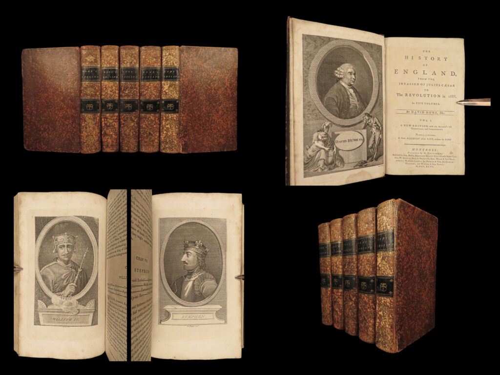 1796 david hume history of england scottish enlightenment william wallace 5v | <em>“beauty is no quality in things themselves: it exists merely in the mind which contemplates them. ”  </em> – david hume   the famous ‘<em>history of england</em>’ by david hume; the most popular and best-selling account on the history of england. Beginning with the roman invasion of britain in the first century b. C. , this history covers all aspects of english history though the revolution of 1688 including the norman conquests, crusades, william wallace, robert the bruce, tudor dynasty, seven years’ war, the english civil war, and the restoration of the english crown.   allibone notes that this work was considerably censored for the first publication however, it was still popular following the first edition. <em> </em> according to drabble, “the work became immensely popular both in britain and abroad and was extolled by both gibbon and voltaire” (drabble, p. 482)