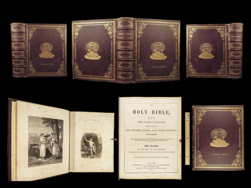 1853 huge holy bible catholic rheims exquisite art apocrypha doyle family vulgate | a beautiful, huge holy bible published in new york in the late 19<sup>th</sup>-century. Ornate family bibles were quite popular in the second half of the 1800s, and this tome is a fine example of enormous, folio family bibles. This edition includes much more than just the scriptures – it features catholic annotations and notes by richard challoner, historical indexes, tables, and an examination of the protestant bible truths. It should be noted that this bible contains numerous, exquisite illustrations throughout. <em> </em>