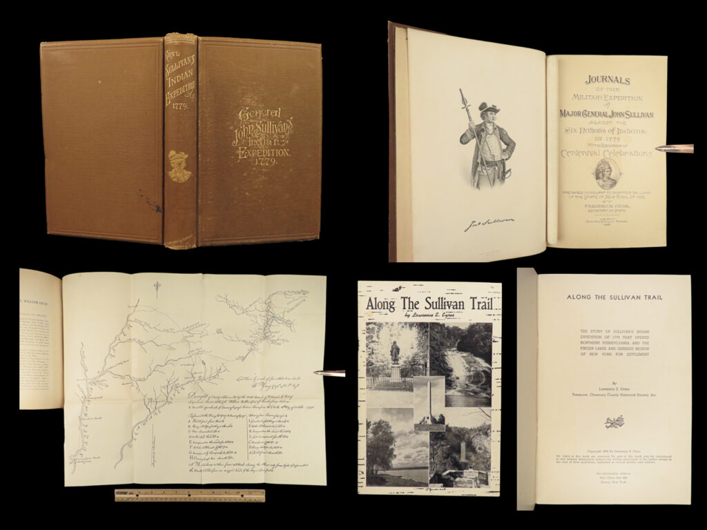 1887 american revolution 1ed sullivan expedition journals iroquois indian war | in 1779, general george washington ordered a military campaigned against the indian nations of haudenosaunee – native tribes that had sided with the british in the american revolution. This campaign was led by general john sullivan who carried out a scorched earn regime that destroyed dozens of iroquois villages in new york. The devastation was one of the most notable contributors to native american hardships following the revolutionary war.   the events of this campaign were written by frederick cook, who published a thorough account of the expedition. This first edition features folding maps, including those in the inner-cover pockets.