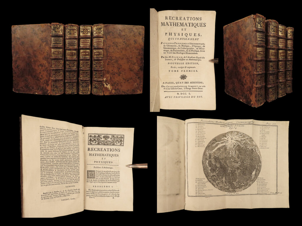 1750 mathematics & physics ozanam magic navigation optics science astronomy 4v | jacques ozanam was a 17<sup>th</sup>-century french mathematician most-known for his work ‘<em>recreations’</em>, or ‘<em>mathematics’,</em> which covered a wide variety of scientific and mathematical topics. This impressive 1750 edition covers notable and desirable contents including math, optics, geography, astronomy, mechanics, and architecture. The <strong><u>136 impressive engravings</u></strong> accentuate the desirability of this work – engravings of columns, science and physics experiments, and even an illustration of early playing cards!