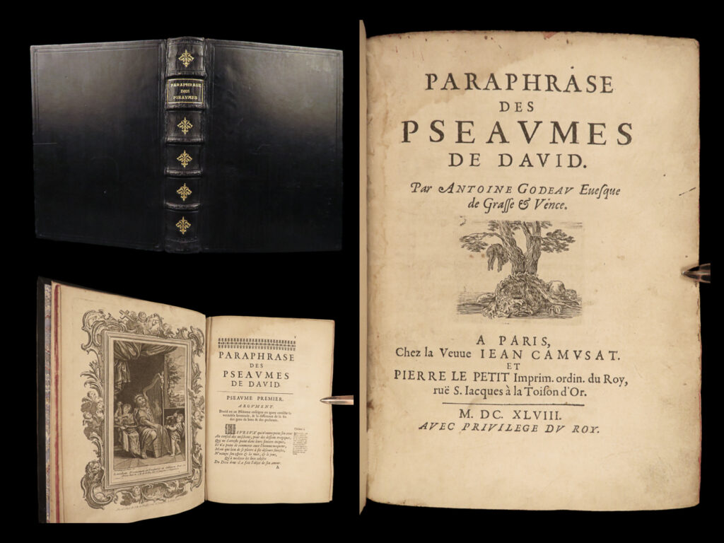 1648 bishop antoine godeau bible paraphrases of psalms david french poetry paris | antoine godeau was a 17<sup>th</sup>-century french bishop and bible commentator. Godeau’s “<em>paraphrases of the psalms of david</em>” is perhaps his best and most well-known biblical commentary – a french translation in verse of each of the 150 psalms. This 1648 printing is a beautiful and highly desirable example of a poetic translation of the psalms.