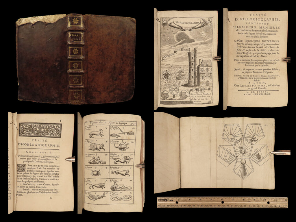 1691 horology geometry clocks sun dials illustrated cistercian monk madelaine | pierre de madelaine’s “<em>treatise on horlogiography</em>” is a rare 17<sup>th</sup>-century history of horology. First published in 1641, this work was written to describe horology through the lens of geometry – a purely mathematical approach to horology. Madelaine, a cistercian monk and part of the fueuillants congregation, included numerous impressive engravings throughout his book – illustrations that depict the instruments used in the practice and study of horology including sundials, clocks, geometric figures, and descriptions on the behavior of the moon.