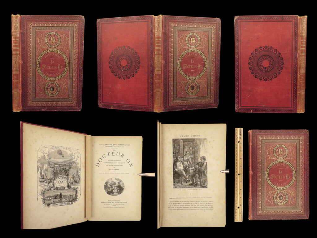 1874 jules verne 1ed doctor ox hetzel french literature famous illustrated | jules verne’s “<em>doctor ox, and other stories</em>” is a collection of short tales including three that are among jules verne's earliest: <ul> <li>"a drama in the air" (appeared in a periodical in 1851, his second story)</li> <li>"master zacharius" (1854, his fourth)</li> <li>"a winter amid the ice" (1855, his fifth)</li> <li>"dr. Ox's experiment" itself did not appear until 1872</li> <li>"ascent of mont blanc" by jules’ brother paul verne</li> </ul>   this 1874 first edition of “<em>docteur ox</em>” was published in paris by hetzel. Like many other verne first editions, the title page included was issued in each edition, including later printings. This particular issue features the ‘jv’ on the front cover and, while the ads have no date on them, all of the listed verne titles are pre-1874 works.