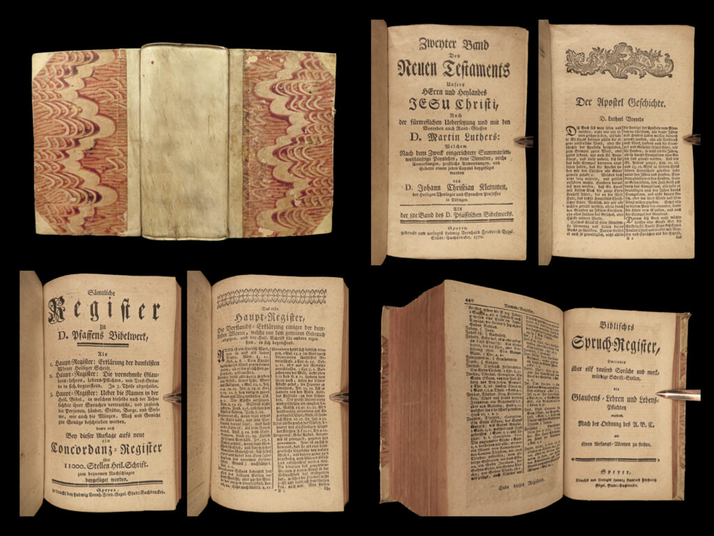 1770 german bible new testament martin luther + commentary speyer vellum binding | a rare martin luther german holy bible printed in speyer, germany. This complete new testament includes luther’s thorough and extensive commentary. Luther bibles have always maintained their popularity throughout the centuries both in german and non-german speaking areas, and this philadelphia-printed german edition is quite rare and desirable!