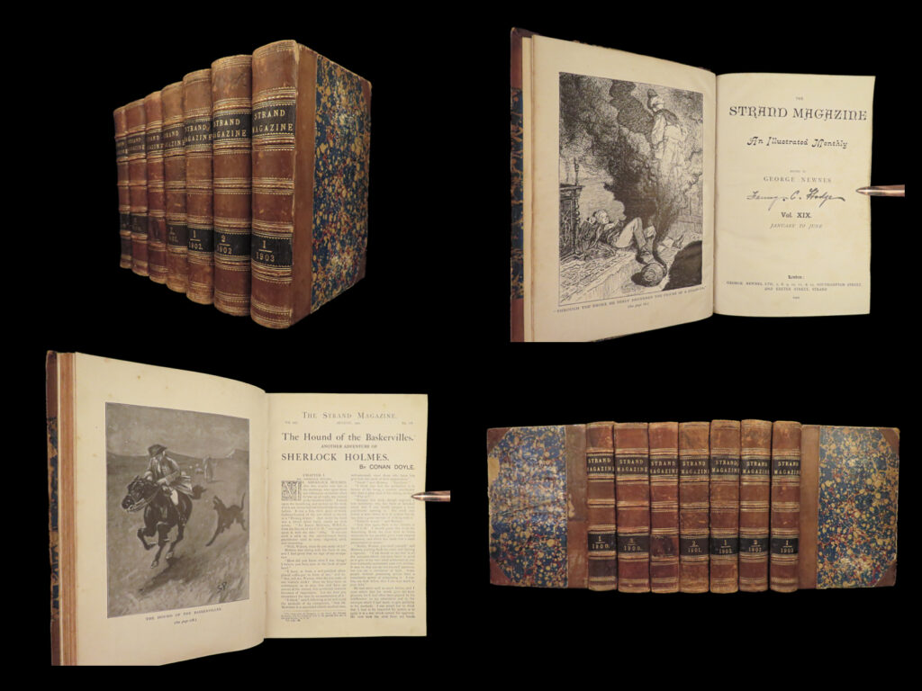 1900 sherlock holmes hound of the baskervilles arthur conan doyle strand mag 7v | <em>“when you have eliminated the impossible, whatever remains, however improbable, must be the truth! ” ­</em> – sherlock holmes   a set of 7 issues of the printing of the famed ‘<em>strand magazine’</em>. Author arthur conan doyle helped popularize the periodical by including stories from his now famous detective sherlock holmes, which appeared in <em>strand</em> in 1891. <em>‘hound of the baskervilles’</em> follows the story of an attempted murder in west country england. Doyle writes of supernatural legends that sherlock holmes unravels.   printed from 1900 through 1903, these seven volumes feature doyle’s “<em>hound of the basker</em>villes” – an impressive set! Note: also includes <em>the first men in the moon</em> from hg wells and some works from e. Nesbit, kipling, amd carroll!